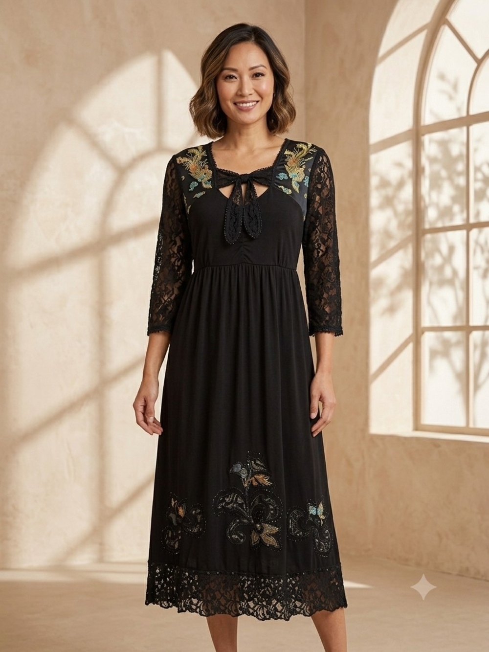Usindo Black Lace-Sleeve Midi Dress with Floral Embroidery.  Size S